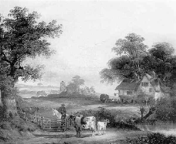 Figures In A Meadow With Animals, An Inn And Village Beyond - view 1