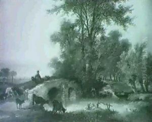 A Figure Crossing A Bridge On Horseback With Cattle In A Wooded River Landscape