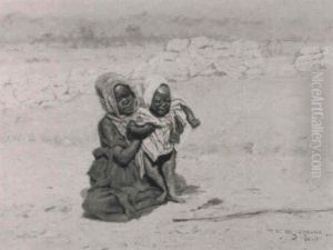 North African Girl And Child In A Desert by Thomas Frederick Mason Sheard