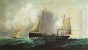 Two Masted Steam Sail Schooners In Rough Water by Charles Dyer Shed