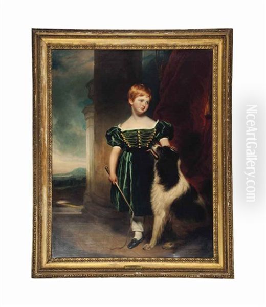Portrait Of A Boy, Full-length, With A Spaniel On A Terrace With A Landscape In The Distance - view 1