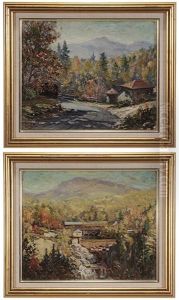 A Pair Of Autumn Landscapes With Covered Bridges