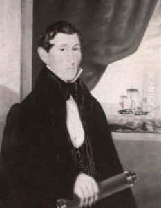 Portrait Of Captain Joseph Wareen Of Preston, Connecticut, Holding A Telescope, Whaling Scene In The Distance by Isaac Sheffield