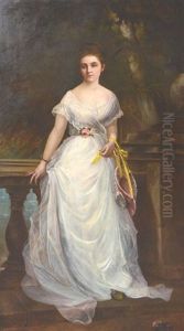Portrait Of Mary J.j. Shelley (1851-1937) - Full Length In White Silk Dress Standing On A Garden Terrace by Jane Lady Shelley