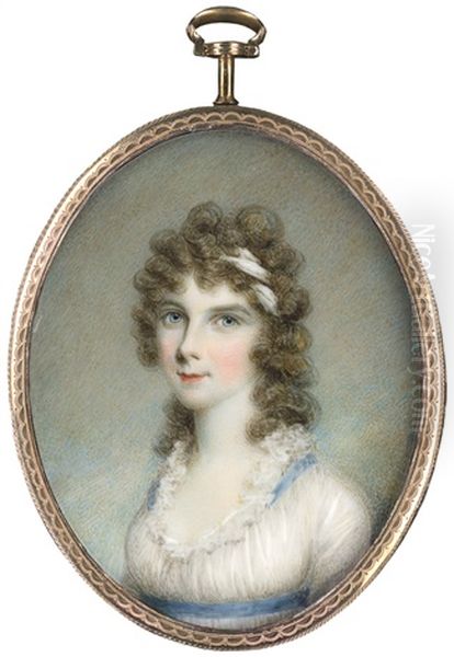 Portrait Einer Dame Mit Gelocktem Langen Haar Mit Weisem Haarband Im Weisen Kleid Mit Blauem Gurtel - view 1