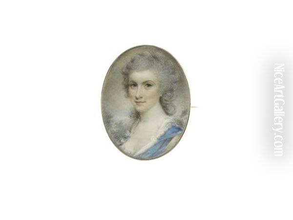 A Lady, Wearing Blue Dress Over White Chemise, Her Powdered Wig Curled And Upswept - view 1