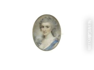 A Lady, Wearing Blue Dress Over White Chemise, Her Powdered Wig Curled And Upswept by Samuel Shelley
