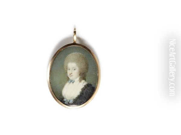 A Portrait Of A Lady, Wearing Black Dress Edged With Lace Trim, White Fichu, Cerulaen Blue Ribbon To Her Corsage And Chin, The Rolls Of Her Powdered Wig Falling Behind Her Shoulders by Samuel Shelley