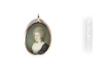 A Portrait Of A Lady, Wearing Black Dress Edged With Lace Trim, White Fichu, Cerulaen Blue Ribbon To Her Corsage And Chin, The Rolls Of Her Powdered Wig Falling Behind Her Shoulders