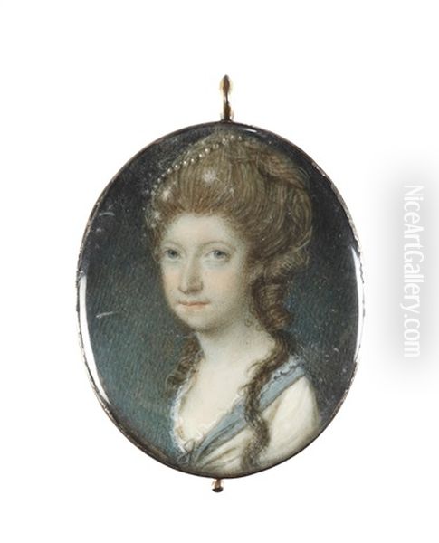A Lady, Wearing White Dress Edged With Blue Border And White Lace Trim, Her Brown Wig Upswept And Dressed With A Strand Of Pearls - view 1