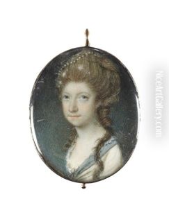 A Lady, Wearing White Dress Edged With Blue Border And White Lace Trim, Her Brown Wig Upswept And Dressed With A Strand Of Pearls by Samuel Shelley