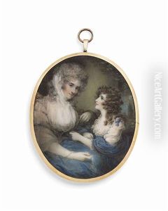 A Mother Seated With Her Daughter: The Lady In White Dress With Peach Striped Surcoat, White Gauze Scarf Covering Her Curling Powdered Upswept... by Samuel Shelley