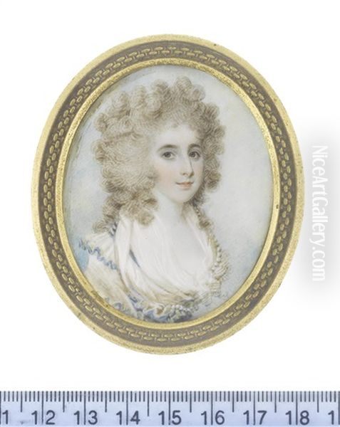A Lady, Wearing White Fichu And Dress With Frilled Collar Edged With Blue Trim And Strands Of Pearls, Her Powdered Wig Worn A La Conseilleur - view 1