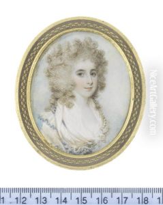 A Lady, Wearing White Fichu And Dress With Frilled Collar Edged With Blue Trim And Strands Of Pearls, Her Powdered Wig Worn A La Conseilleur by Samuel Shelley