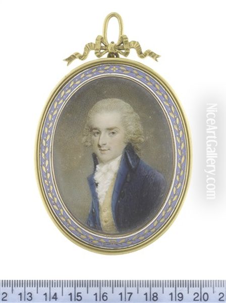 A Gentleman, Wearing Blue Coat, Yellow Waistcoat, White Frilled Chemise, Stock And Cravat, His Powdered Hair Worn En Queue - view 1