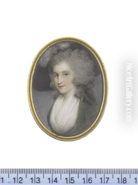 A Lady, Wearing Olive Green Dress And White Lace Fichu, Her Wig Powdered And Worn A La Conseilleur Beneath A Black Hat And White Plumes - view 1