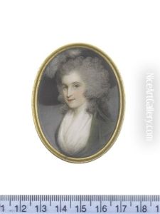 A Lady, Wearing Olive Green Dress And White Lace Fichu, Her Wig Powdered And Worn A La Conseilleur Beneath A Black Hat And White Plumes