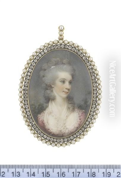 A Lady, Wearing Pink Dress With White Lace Trim, Matching White Fichu Crossed Over Her Decollete, Her Powdered Hair Partially Upswept And Dressed With A White Bandeau - view 1