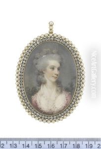 A Lady, Wearing Pink Dress With White Lace Trim, Matching White Fichu Crossed Over Her Decollete, Her Powdered Hair Partially Upswept And Dressed With A White Bandeau