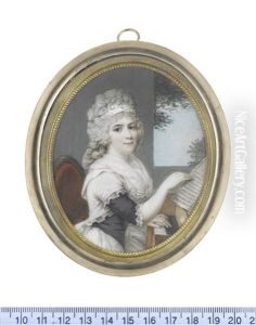 A Lady, Seated At A Piano On A Red Upholstered Chair And Wearing White Dress With Black Bodice, White Fichu And Lace Trimmed Indoor Coat...