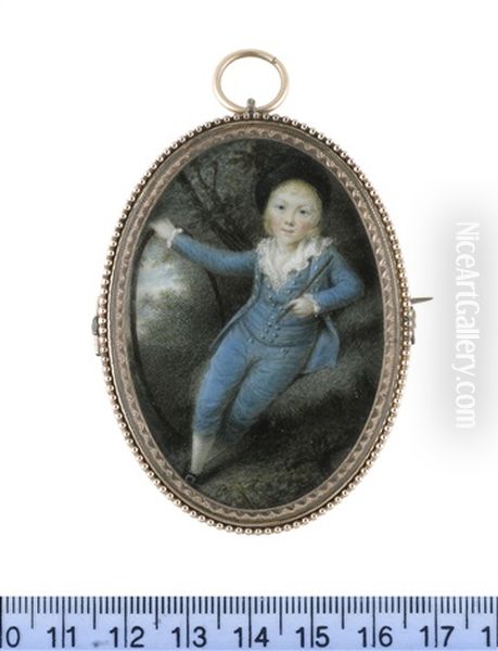 A Boy, Wearing Cerulaen Blue Breeches, Waistcoat And Coat, White Chemise With Frilled Lace Collar And Cuffs, White Stockings, Black Buckled Shoes And Hat... - view 1