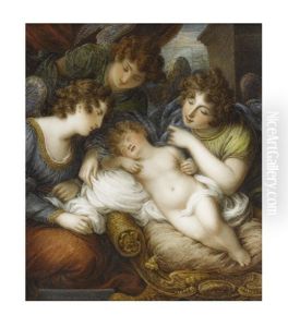A Portrait Miniature Of A Sleeping Child, Outstretched On A Carved And Gilded X-frame Chair, Surrounded By Unravelled White Shroud And Three Angels by Samuel Shelley