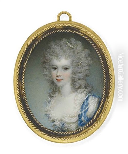 A Young Lady, In Decollete White Dress With Blue Slashed Sleeves, Pearls Worn Across Her Left Shoulder, Bodice, Around Her Neck And In Her Powdered Curling Hair - view 1