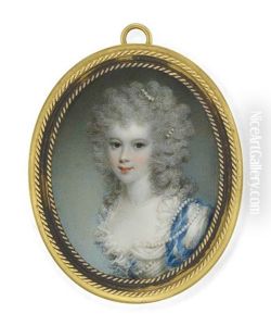A Young Lady, In Decollete White Dress With Blue Slashed Sleeves, Pearls Worn Across Her Left Shoulder, Bodice, Around Her Neck And In Her Powdered Curling Hair by Samuel Shelley