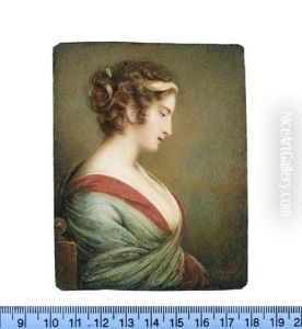 A Lady, Seated, Profile To The Right, Wearing White Dress, Her Gray Mantle With Red Border Draped Around Her Arms, Her Hair Upswept And Dressed With A White Bandeau