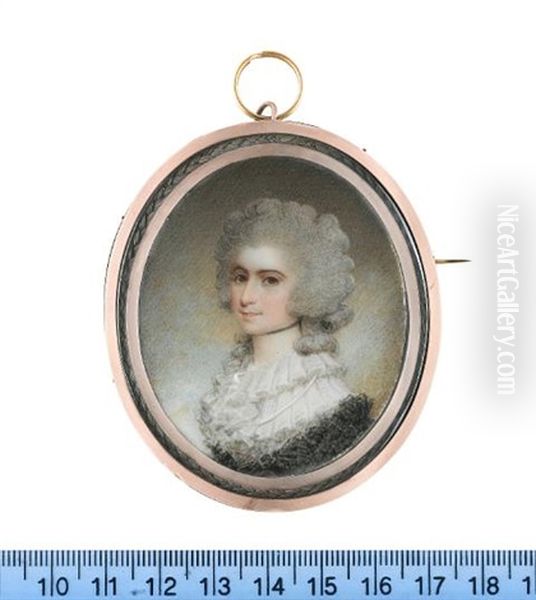 A Lady, Wearing White Dress With Frilled Double Tiered Collar, Black Lace Shawl, Black Ribbon Choker, Her Powdered Wig Worn In The A La Conseilleur Style - view 1