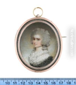 A Lady, Wearing White Dress With Frilled Double Tiered Collar, Black Lace Shawl, Black Ribbon Choker, Her Powdered Wig Worn In The A La Conseilleur Style