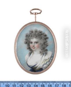 Mrs Anne Bayly, Wearing White Dress With Frilled Shoulder Caps, Pale Yellow And Blue Bodice, Blue Sash Tied At Her Waist, A Strand Of Pearls Running Round Her Decollage, Powdered Wig