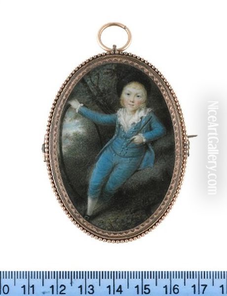 A Boy, Wearing Cerulean Blue Breeches, Waistcoat And Coat, White Chemise With Frilled Lace Collar And Cuffs, White Stockings, Black Buckled Shoes And Hat, He Rests Against A Moss Covered Rock - view 1