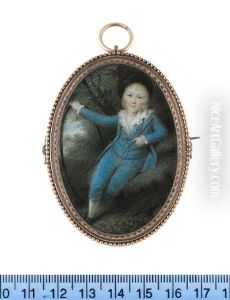 A Boy, Wearing Cerulean Blue Breeches, Waistcoat And Coat, White Chemise With Frilled Lace Collar And Cuffs, White Stockings, Black Buckled Shoes And Hat, He Rests Against A Moss Covered Rock by Samuel Shelley