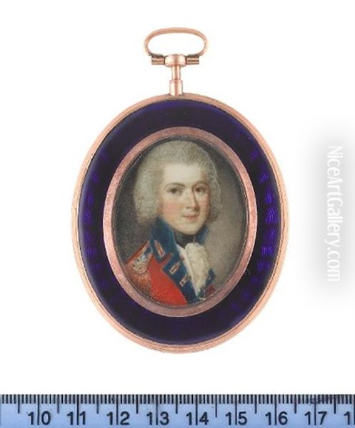 An Officer, Wearing Uniform Of Red Coatee With Blue Collar And Facings, Blue And Gold Epaulette, Frilled White Chemise And Black Stock, His Hair Powdered - view 1
