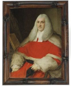 Sir Richard Perryn Seated In Red Robes And White Bands, Long Powdered Wig; Interior Background by Samuel Shelley