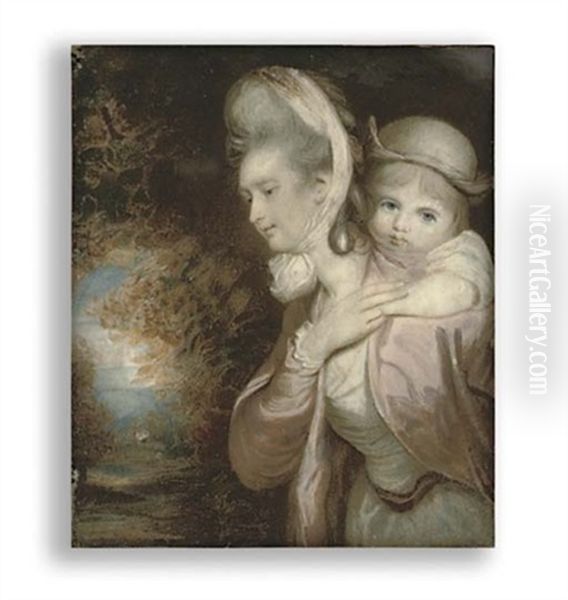 A Young Lady Carrying Her Child, She In White Dress With Pink Sash Around Her Waist, Pink Silk Coat, White Gauze Cap Tied With A Bow Under Her Chin, The Child In White, Wearing A Brown Hat - view 1