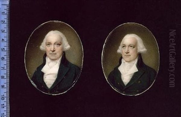 Portrait Of A Gentleman Wearing Green Coat With Brass Buttons, White Waistcoat, Shirt And Stock, His Hair Powdered (2 Portraits Of The Same Gentleman) by Samuel Shelley