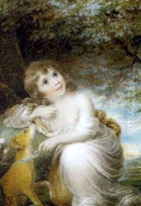 A Child Holding Her Seated Dog By A Blue Ribbon, In Loose White Shift, Yellow Cloak Draped Around Her, Tree And Landscape Background