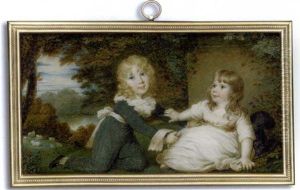 George And Charlotte Loftus As Children Seated On A Grass Bank; He, In Blue Trouser Suit, White Shirt With Large Ruffled Collar And White Sash, Long Curling Fair Hair, Holding His Sister's Pink Sash