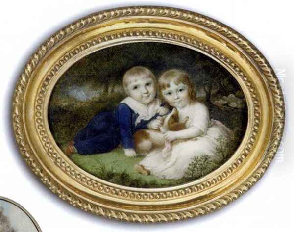 Sir Francis Ford And His Sister, Mary, As Children Lying With Their Brown And White Dog On A Grassy Bank, He, In Blue Suit With Gold Buttons And Tied White Scarf And She, In White Dress With Pink Sash - view 1