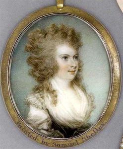 A Young Lady Almost Profile To The Right, In Dark Moss-green Dress With White Sleeves And Fichu, Long Curling Hair
