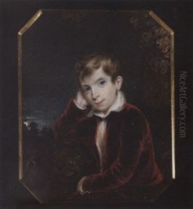 A Young Boy Seated In A Moonlit Landscape, Wearing Burgundy Velvet Suit And White Shirt by Samuel Shelley