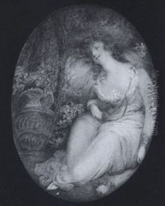 A Lady (georgiana, Duchess Of Devonshire?) Sleeping Beneath A Tree, Wearing White Dress Trimmed With Lace, Blue Cuffs And Bows by Samuel Shelley
