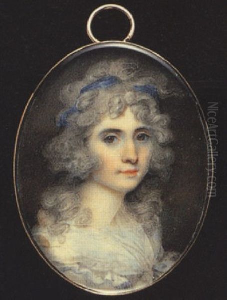 A Lady With Large Hazel Eyes, Wearing Dark Blue Ribbon In Her Powdered Hair And Tied White Fichu - view 1