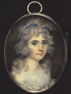 A Lady With Large Hazel Eyes, Wearing Dark Blue Ribbon In Her Powdered Hair And Tied White Fichu by Samuel Shelley