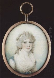 A Lady Wearing White Bandeau In Her Powdered Hair, White Dress With Fichu, Blue Ribbon Waistband And Matching Sleeve Caps