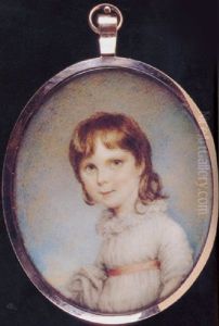 A Young Girl, In White Dress With High Frilled Collar, Pink Waistband And A White Shawl Draped Over Her Right Arm by Samuel Shelley