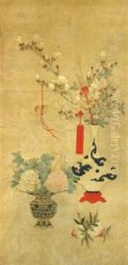 Vase Of Magnolias Along With Peonies And Peaches Vase Of Magnolias Along With Peonies And Peaches