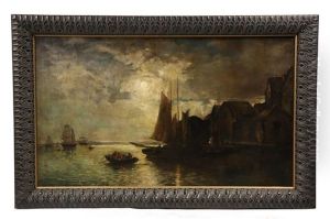 European Harbor In Moonlight by J. Warren Sheppard